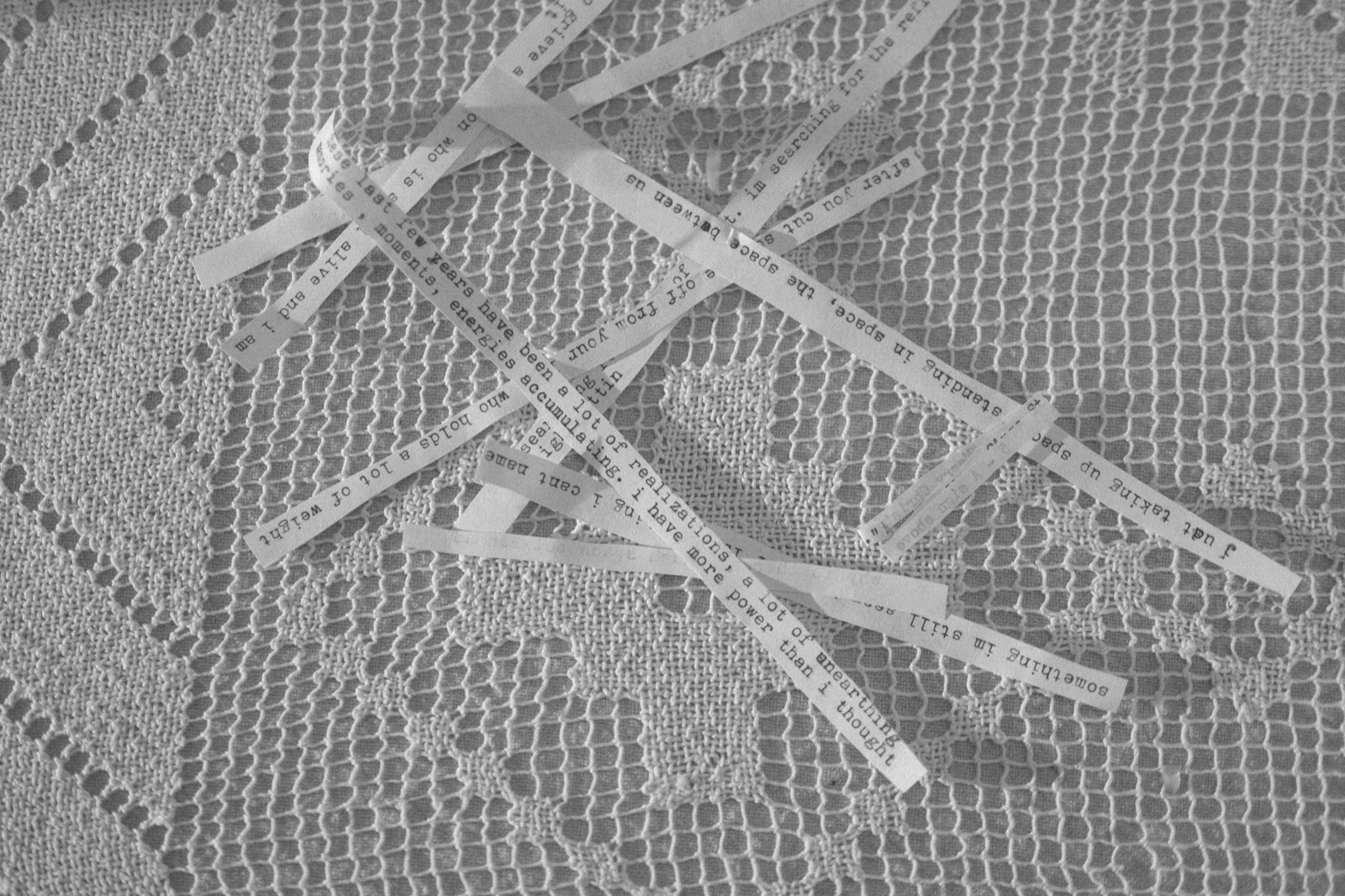 Typed ribbon fragments on lace