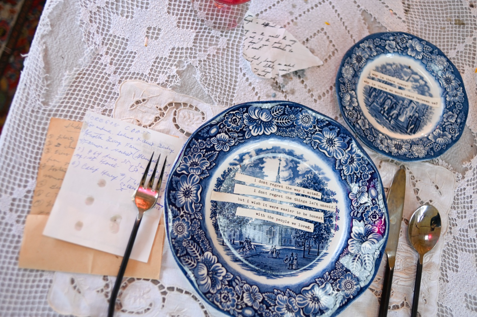 Typed text on blue Staffordshire china