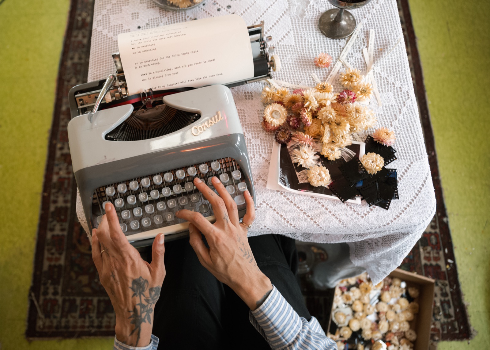 Overhead view of typing transcripts on a Consul typewriter